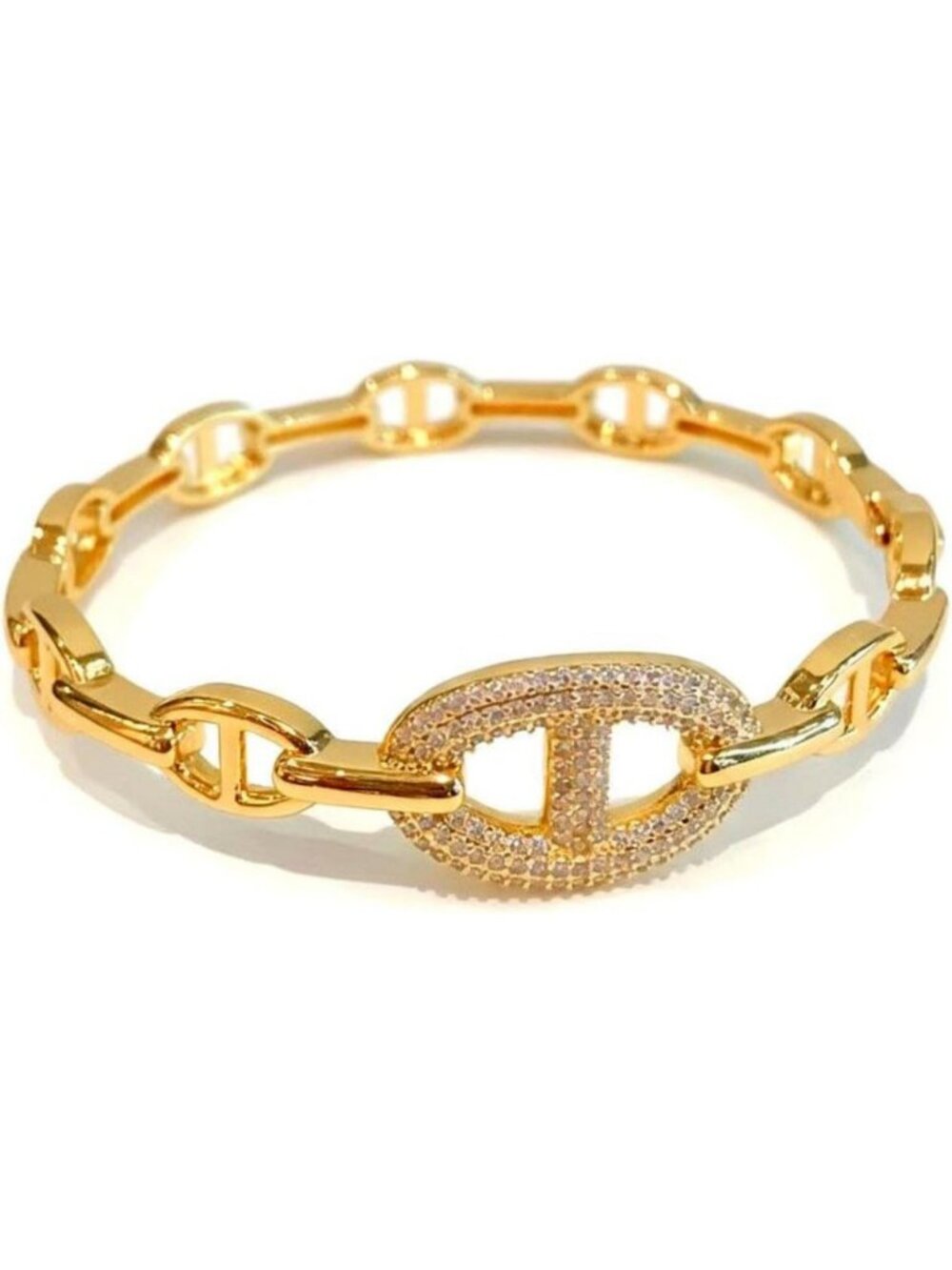 Gold Plated Cuff Bracelet for Women, Chain Link Bangle with Pavé CZ, Minimalist